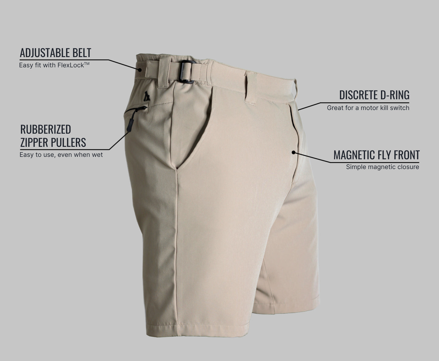 Men's travel shorts with adjustable belt, magnetic fly discrete D-ring for kill switch swim trunk