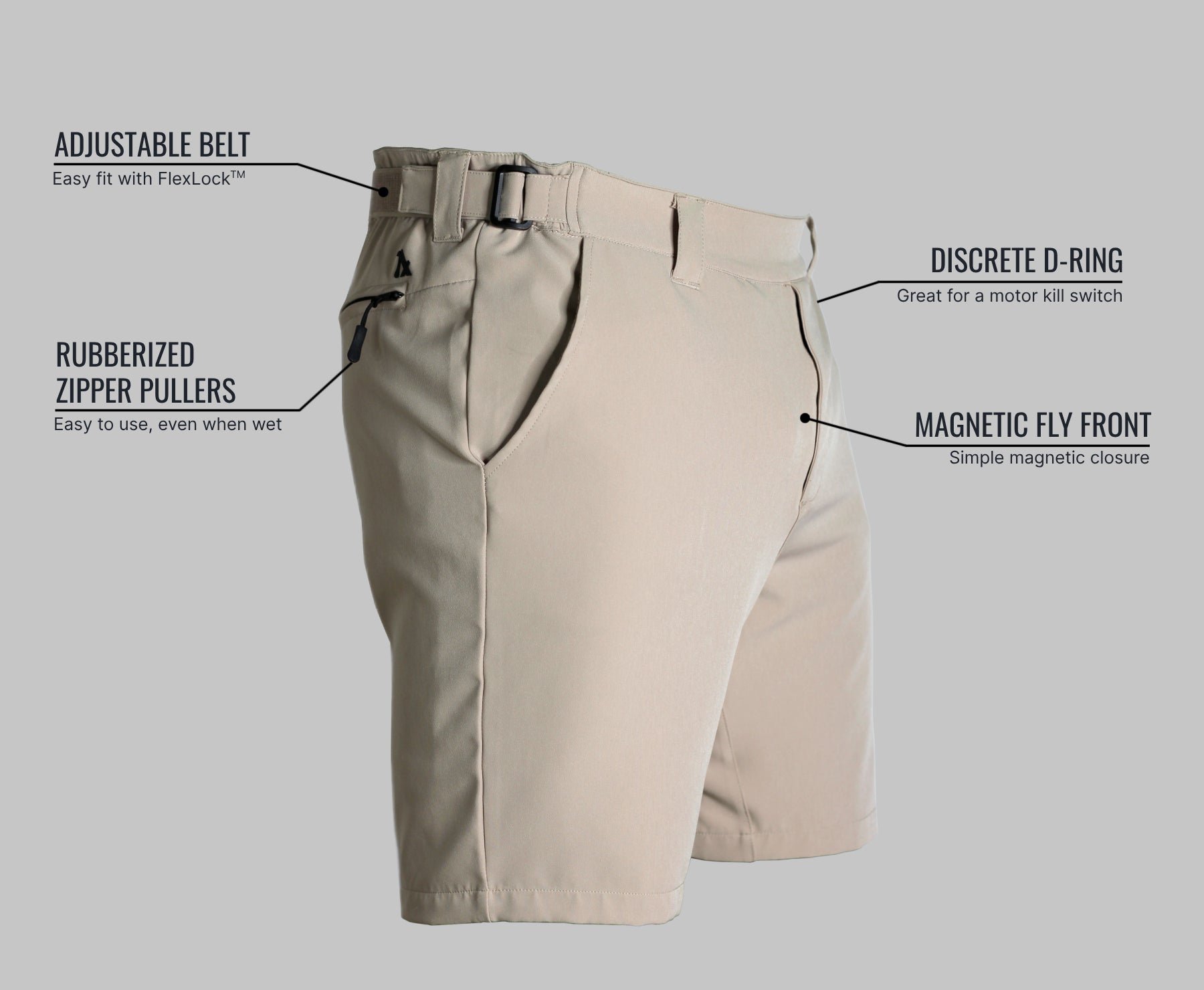 Men's travel shorts with adjustable belt, magnetic fly discrete D-ring for kill switch swim trunk