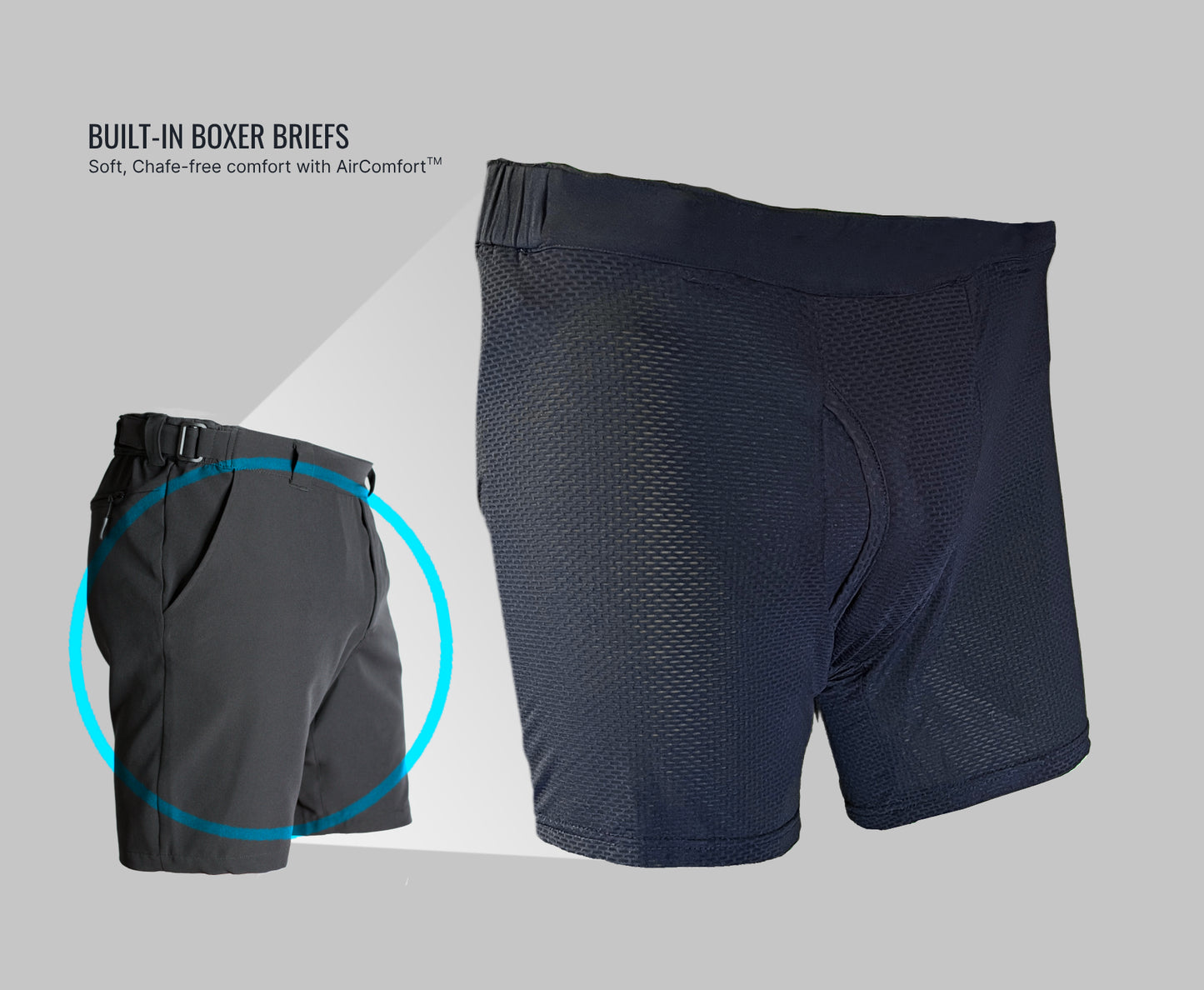 Men's travel shorts with comfortable built in boxer brief liner