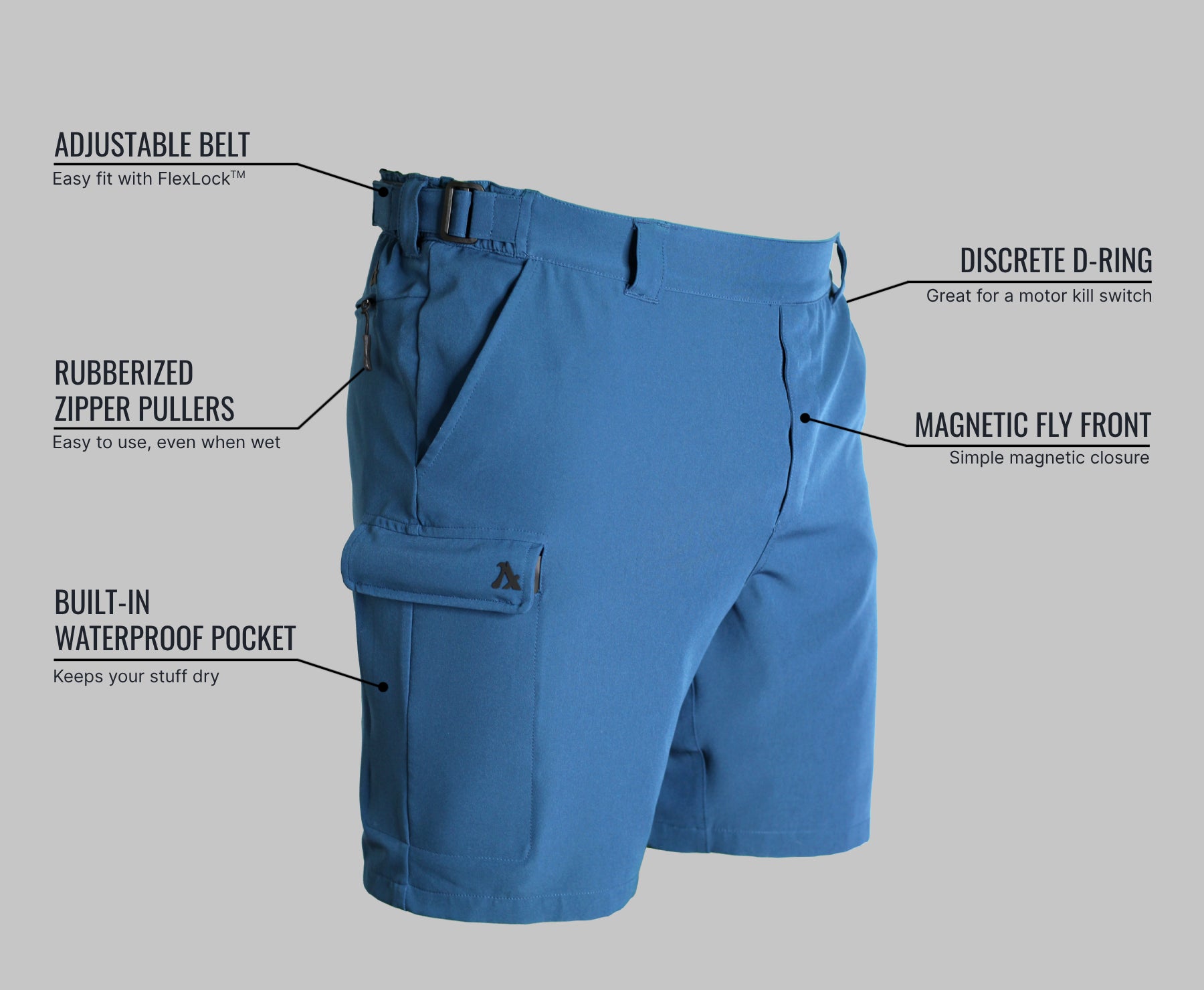 Men's travel shorts with adjustable belt, magnetic fly discrete D-ring for kill switch swim trunk and waterproof pocket