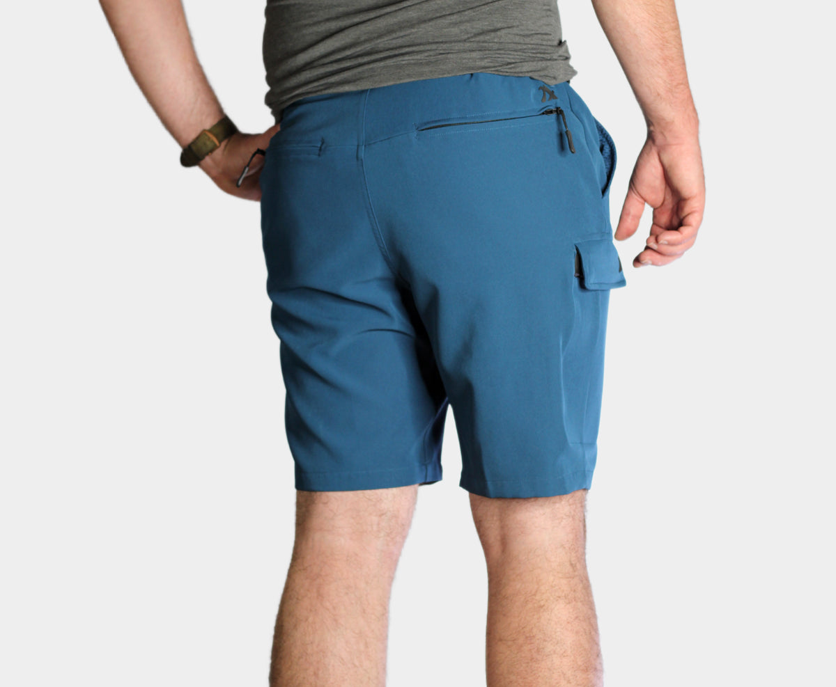 Fit clean coral blue swim trunks with waterproof pocket